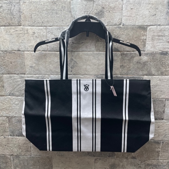 ❤️ VICTORIA SECRET PINK BLACK & WHITE STRIPED BAG NEW - Picture 1 of 3